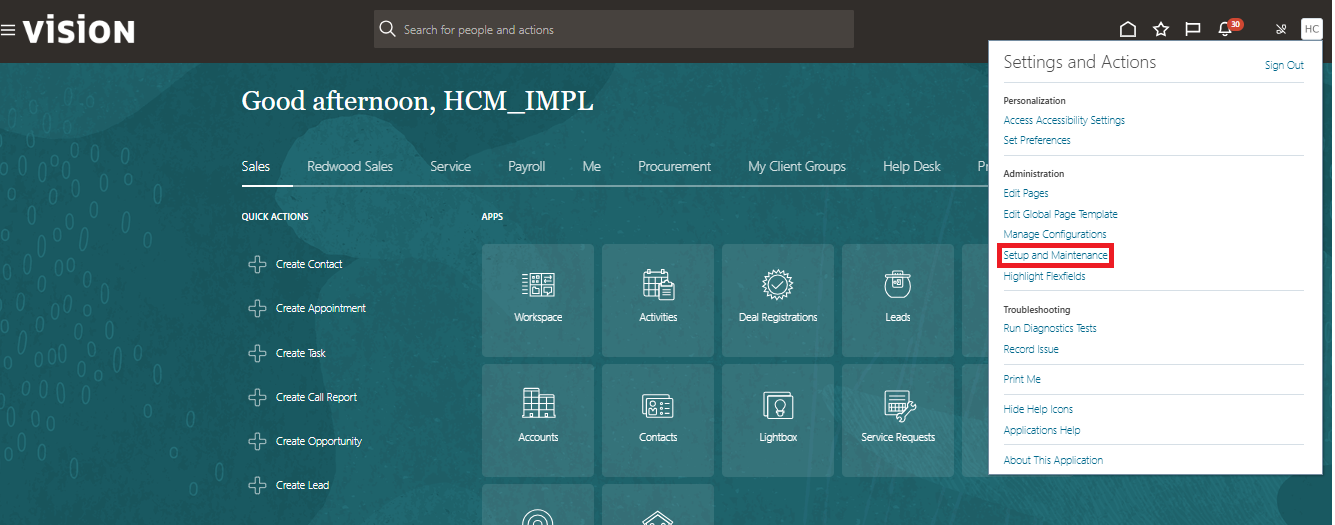 Navigate to Setup and Maintenance