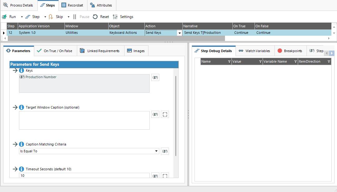 For SendKeys, specify the variable in the Keys field