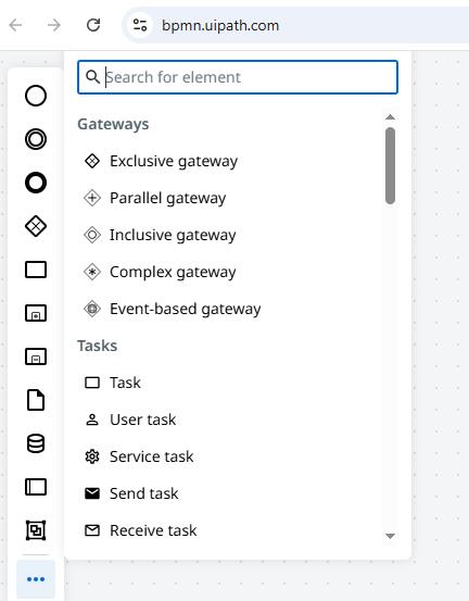 The BPMN canvas includes a variety of elements